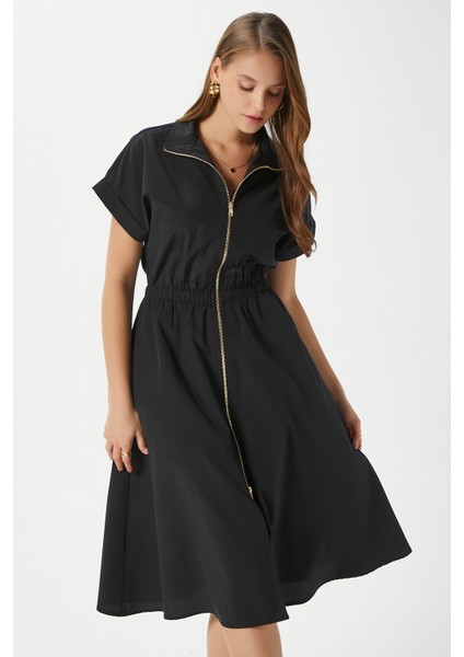 Kadın Hilda Siyah Fermuarlı Bel Lastikli Cepli Elbise 00022