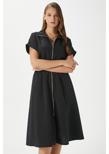 Kadın Hilda Siyah Fermuarlı Bel Lastikli Cepli Elbise 00022