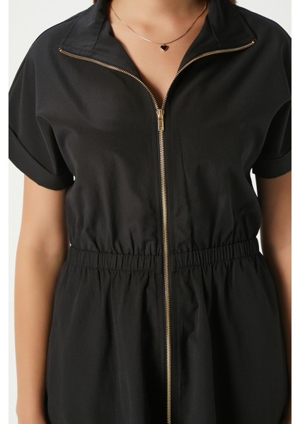 Kadın Hilda Siyah Fermuarlı Bel Lastikli Cepli Elbise 00022