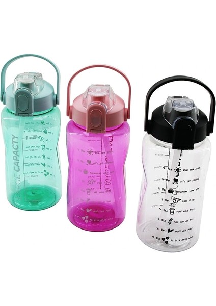 Large Capacıty - 1500ML Motivasyon Suluk Matara Kilitli Kapak - Taşıma Kulp - Renkli Pls (5047)