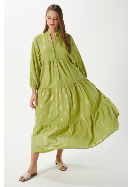 Modest Kadın Aliza Gümüş Detay %100 Viskon Yeşil Maksi Boy Yazlık Elbise fiyatları