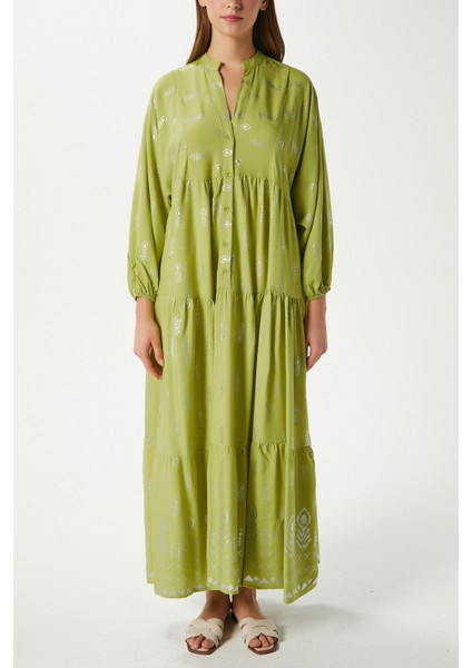 Modest Kadın Aliza Gümüş Detay %100 Viskon Yeşil Maksi Boy Yazlık Elbise modelleri