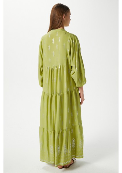 Modest Kadın Aliza Gümüş Detay %100 Viskon Yeşil Maksi Boy Yazlık Elbise fırsatları