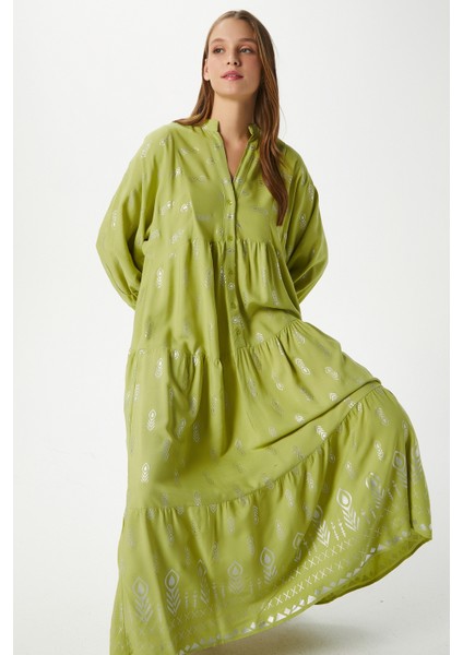 Modest Kadın Aliza Gümüş Detay %100 Viskon Yeşil Maksi Boy Yazlık Elbise indirimleri