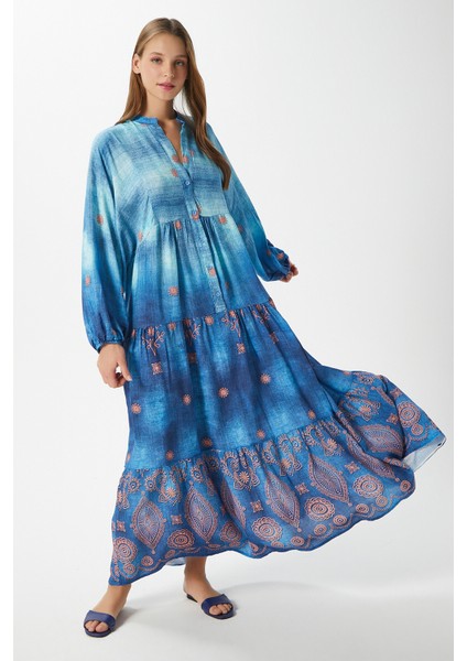 Modest Kadın Lucian Mavi %100 Viskon Maksi Boy Yazlık Elbise
