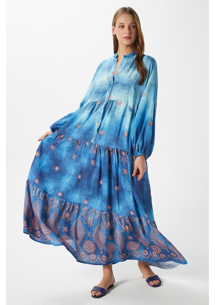 Modest Kadın Lucian Mavi %100 Viskon Maksi Boy Yazlık Elbise modelleri