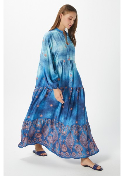 Modest Kadın Lucian Mavi %100 Viskon Maksi Boy Yazlık Elbise fırsatları