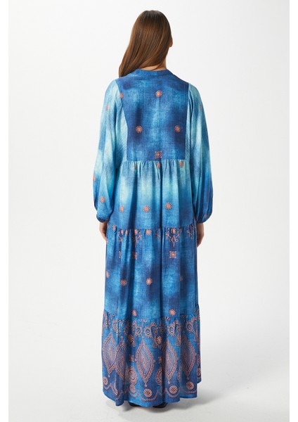 Modest Kadın Lucian Mavi %100 Viskon Maksi Boy Yazlık Elbise