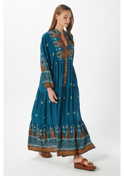 Modest Kadın Alora %100 Viskon Zümrüt Maksi Boy Yazlık Elbise