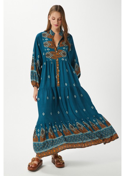 Modest Kadın Alora %100 Viskon Zümrüt Maksi Boy Yazlık Elbise fiyatları