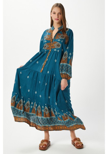 Modest Kadın Alora %100 Viskon Zümrüt Maksi Boy Yazlık Elbise modelleri