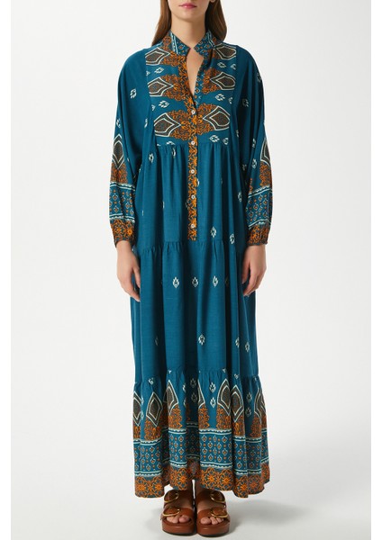 Modest Kadın Alora %100 Viskon Zümrüt Maksi Boy Yazlık Elbise