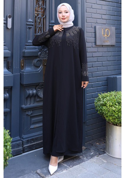 Boncuk ve Taşlı Büyük Beden Anne Elbisesi Siyah HM2769