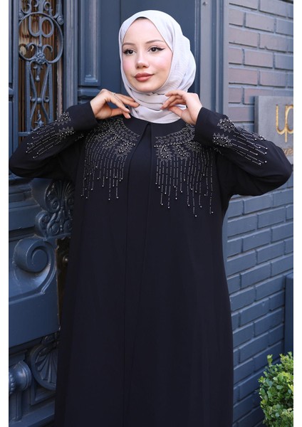 Boncuk ve Taşlı Büyük Beden Anne Elbisesi Siyah HM2769 fiyatları