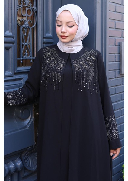 Boncuk ve Taşlı Büyük Beden Anne Elbisesi Siyah HM2769 fırsatları