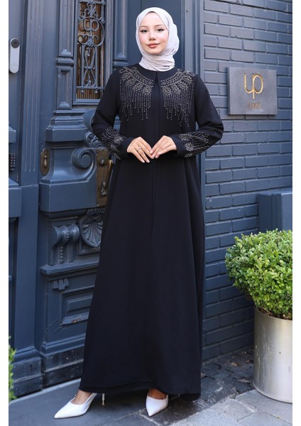 Boncuk ve Taşlı Büyük Beden Anne Elbisesi Siyah HM2769 indirimleri