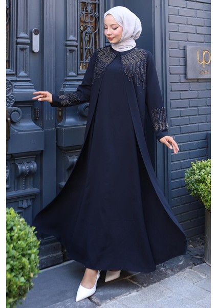Boncuk ve Taşlı Büyük Beden Anne Elbisesi Lacivert HM2769 modelleri