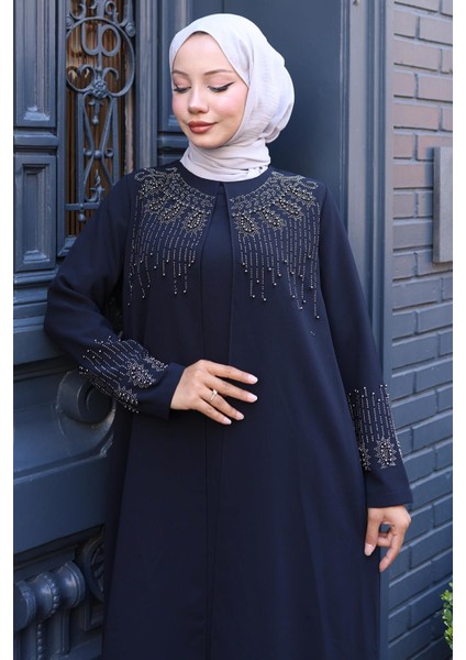 Boncuk ve Taşlı Büyük Beden Anne Elbisesi Lacivert HM2769 fırsatları