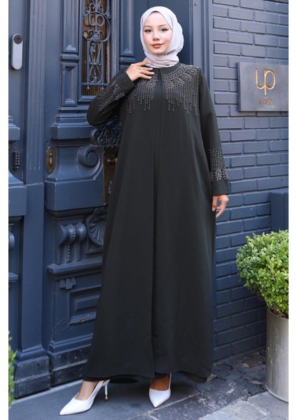 Boncuk ve Taşlı Büyük Beden Anne Elbisesi Haki HM2769