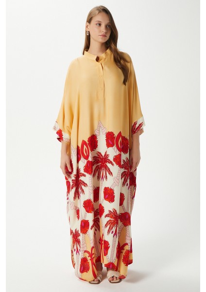 Modest Kadın Hawai %100 Viskon Maksi Boy Sarı Mercan Uzun Yazlık Elbise