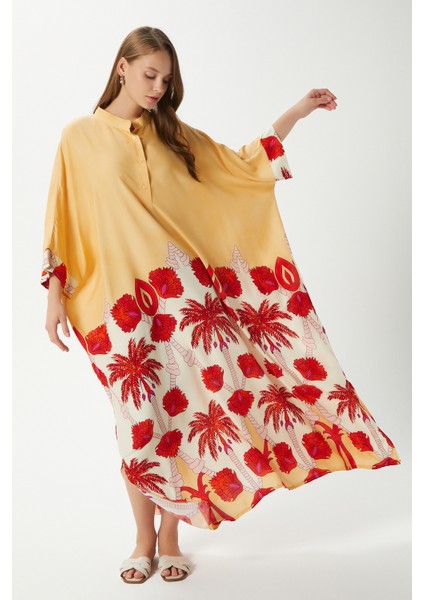 Modest Kadın Hawai %100 Viskon Maksi Boy Sarı Mercan Uzun Yazlık Elbise fiyatları