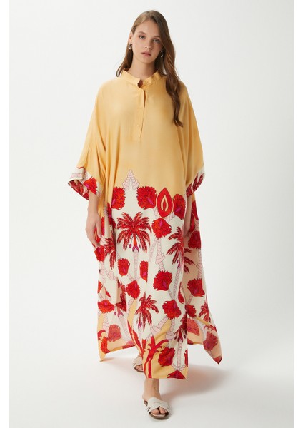Modest Kadın Hawai %100 Viskon Maksi Boy Sarı Mercan Uzun Yazlık Elbise modelleri