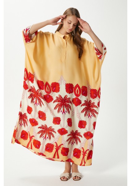 Modest Kadın Hawai %100 Viskon Maksi Boy Sarı Mercan Uzun Yazlık Elbise fırsatları