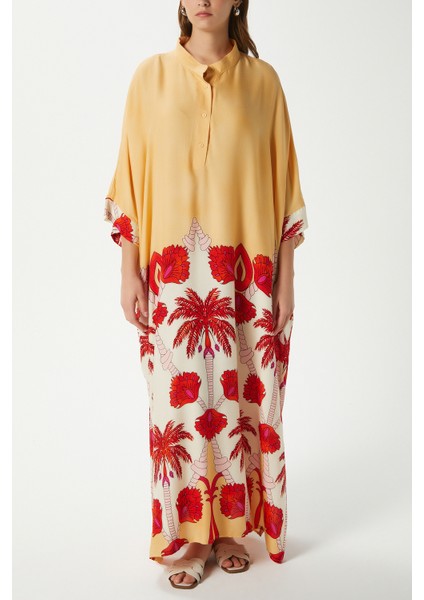 Modest Kadın Hawai %100 Viskon Maksi Boy Sarı Mercan Uzun Yazlık Elbise indirimleri