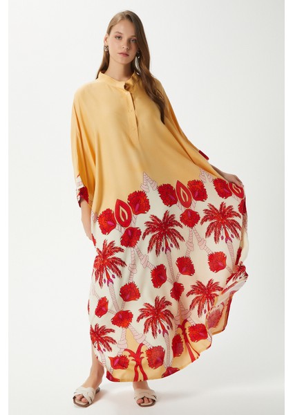 Modest Kadın Hawai %100 Viskon Maksi Boy Sarı Mercan Uzun Yazlık Elbise