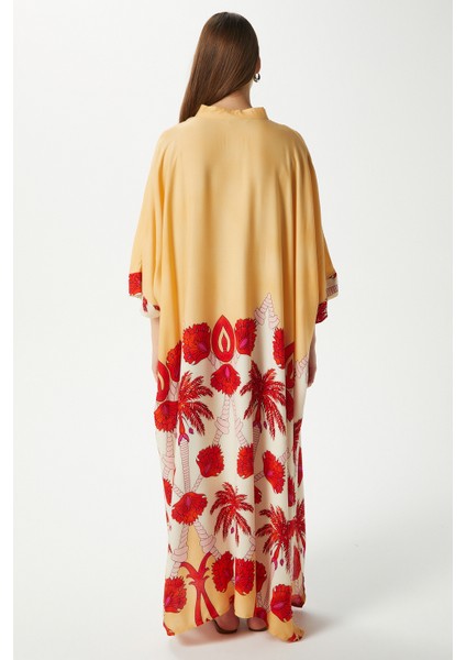 Modest Kadın Hawai %100 Viskon Maksi Boy Sarı Mercan Uzun Yazlık Elbise