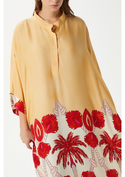 Modest Kadın Hawai %100 Viskon Maksi Boy Sarı Mercan Uzun Yazlık Elbise