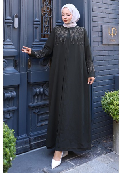 Boncuk ve Taşlı Büyük Beden Anne Elbisesi Haki HM2769 modelleri