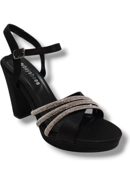 383-25 Saten Taşlı Yüksek Topuk Kadın Sandalet