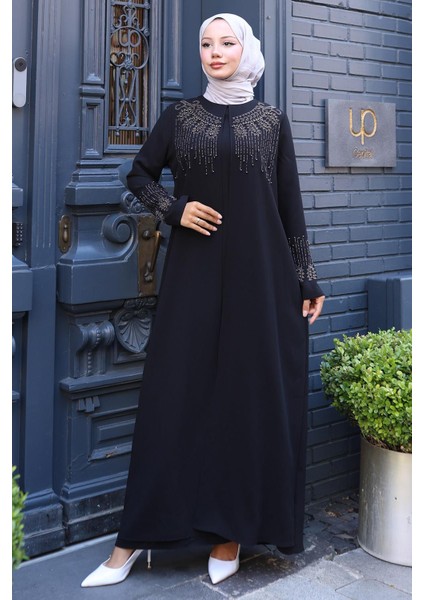 Boncuk ve Taşlı Büyük Beden Anne Elbisesi Siyah HM2769 modelleri