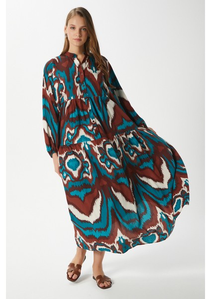 Modest Kadın Mira %100 Viskon Maksi Boy Hakiturkuaz Kahve Katlı Balon Kol Uzun Yazlık Elbise