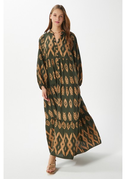 Modest Kadın Megan %100 Viskon Maksi Boy Haki Katlı Balon Kol Uzun Yazlık Elbise