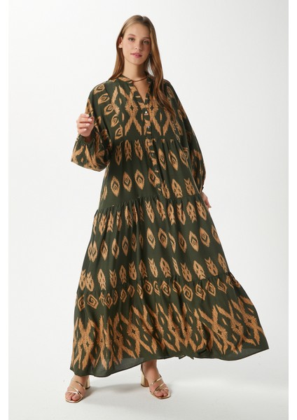 Modest Kadın Megan %100 Viskon Maksi Boy Haki Katlı Balon Kol Uzun Yazlık Elbise fiyatları