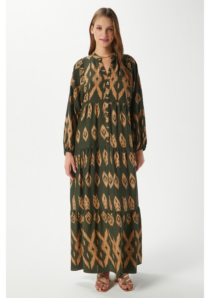 Modest Kadın Megan %100 Viskon Maksi Boy Haki Katlı Balon Kol Uzun Yazlık Elbise modelleri