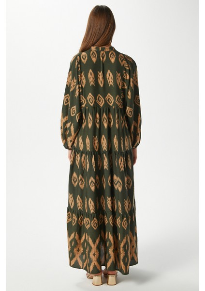 Modest Kadın Megan %100 Viskon Maksi Boy Haki Katlı Balon Kol Uzun Yazlık Elbise fırsatları