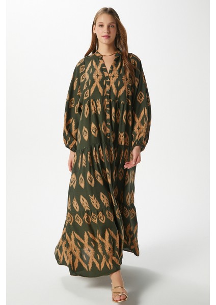 Modest Kadın Megan %100 Viskon Maksi Boy Haki Katlı Balon Kol Uzun Yazlık Elbise