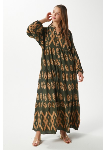 Modest Kadın Megan %100 Viskon Maksi Boy Haki Katlı Balon Kol Uzun Yazlık Elbise