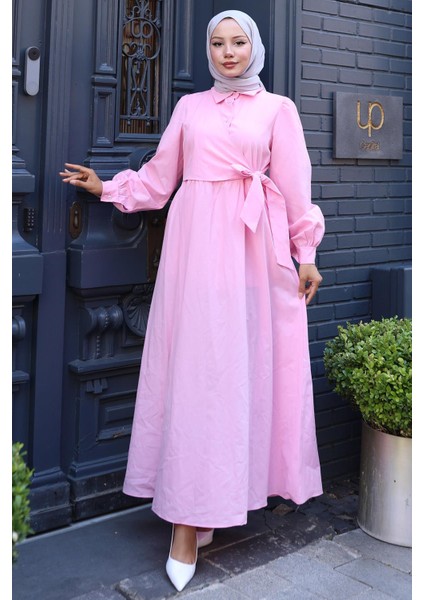 Yandan Bağlamalı Tesettür Elbise Pembe HM2753