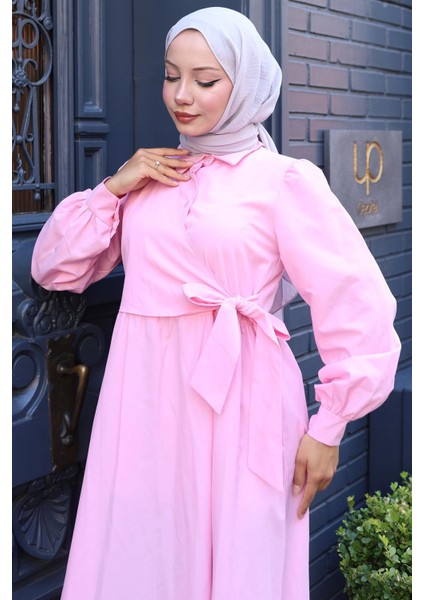 Yandan Bağlamalı Tesettür Elbise Pembe HM2753 indirimleri