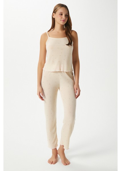 Kadın June Askılı Tereyağ Sarısı Minik Çiçekli Alt Üst Pijama Takımı