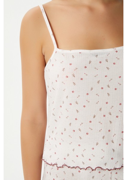 Kadın June Askılı Ekru Minik Çiçekli Alt Üst Pijama Takımı