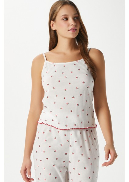 Kadın June Askılı Kiraz Desenli Alt Üst Pijama Takımı