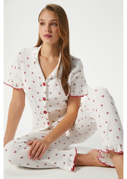 Kadın Enda Fırfırlı Kiraz Desen Alt Üst Pijama Takımı