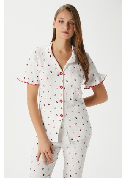 Kadın Enda Fırfırlı Kiraz Desen Alt Üst Pijama Takımı fiyatları