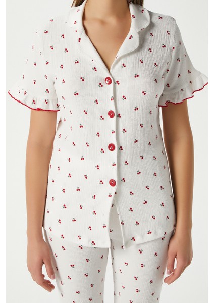 Kadın Enda Fırfırlı Kiraz Desen Alt Üst Pijama Takımı modelleri