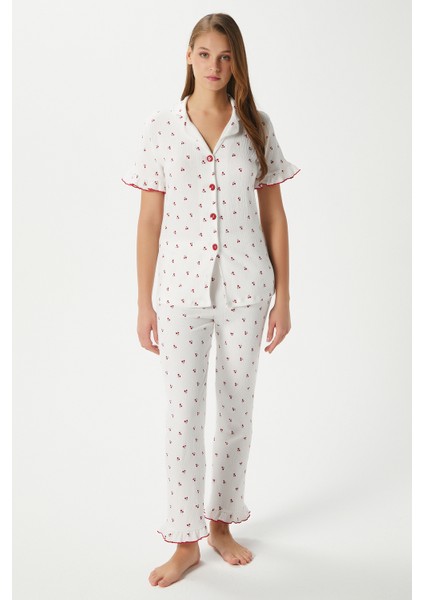Kadın Enda Fırfırlı Kiraz Desen Alt Üst Pijama Takımı